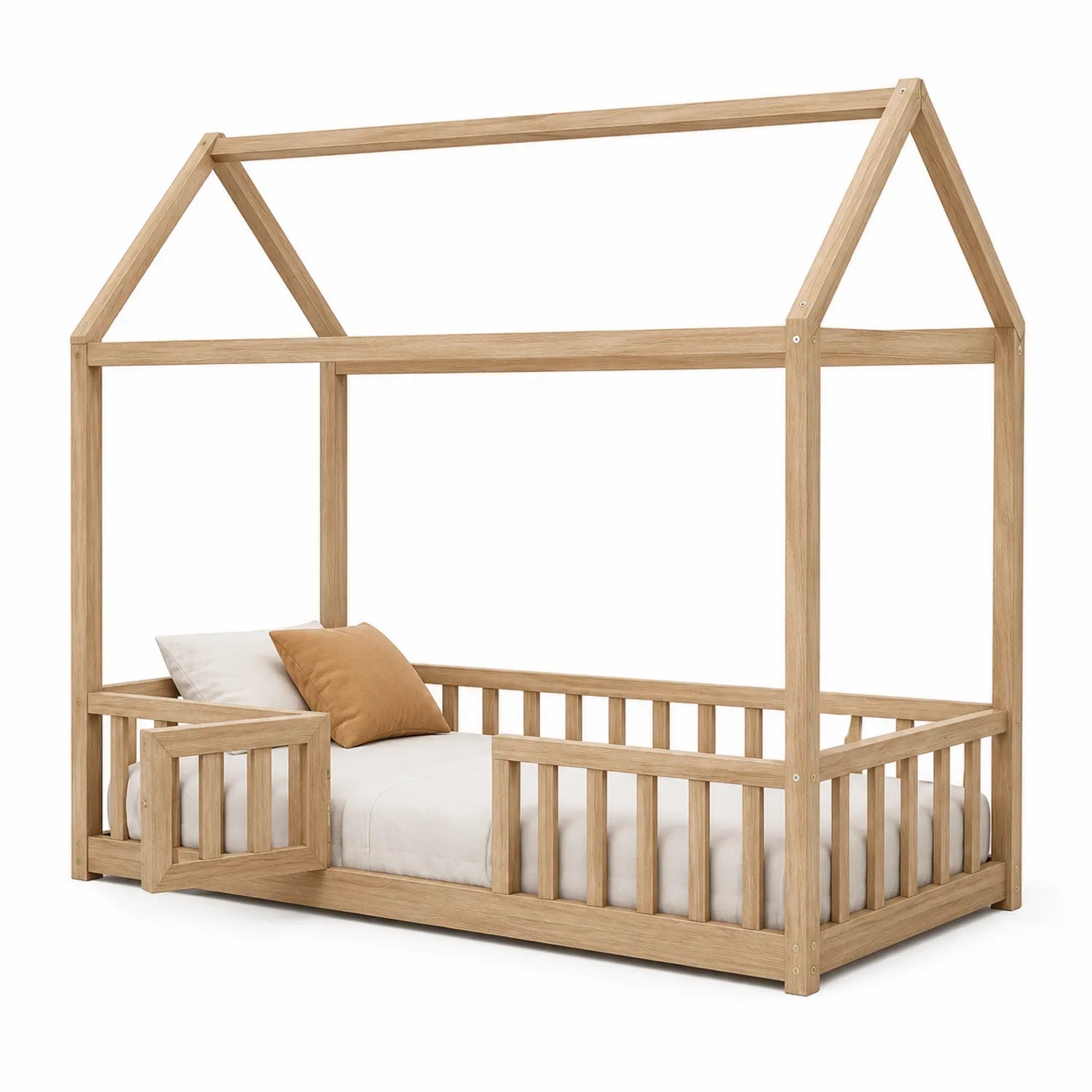 Kinderhausbett aus Eichenholz mit Schutzgitter 200x90 cm