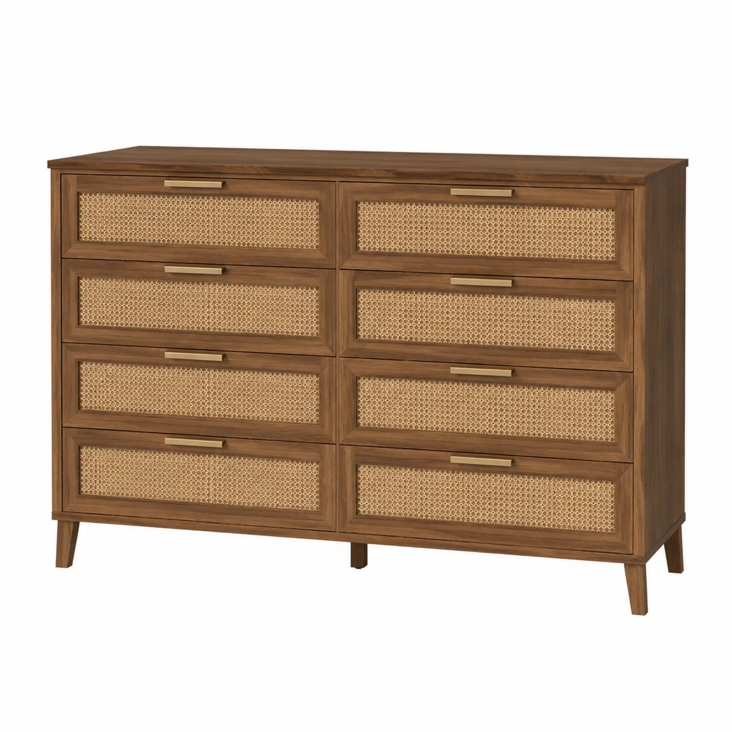 Walnussholz Kommode mit Rattangeflecht, 8 Schubladen, 120cm