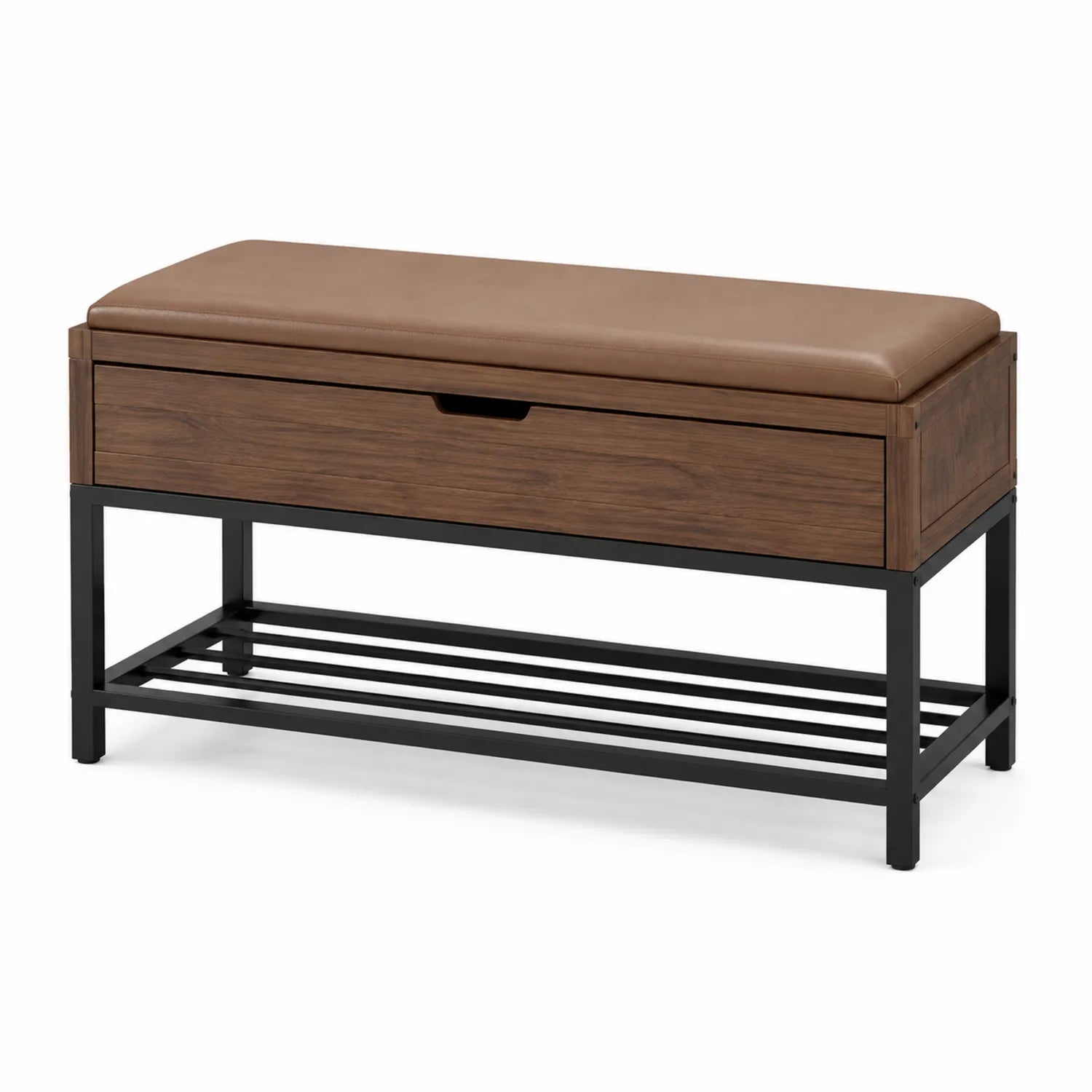 Holzbank mit Kunstlederkissen und Metallrahmen Braun/Schwarz