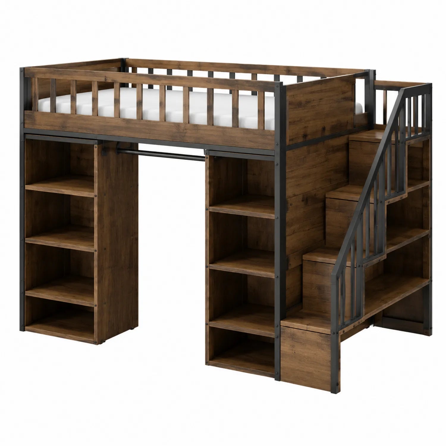 Hochbett aus Kiefernholz mit Metall und Treppe, 90x200 cm
