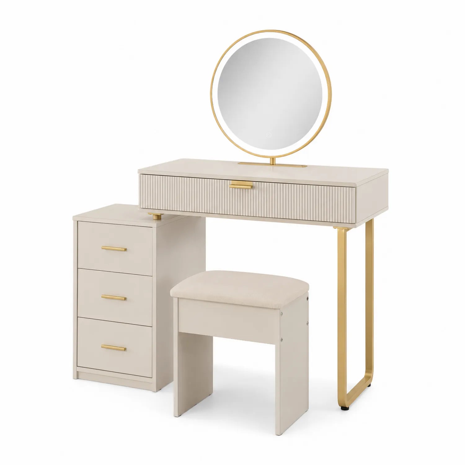 Schminktisch Set aus MDF mit Spiegel und Hocker, Beige und Gold