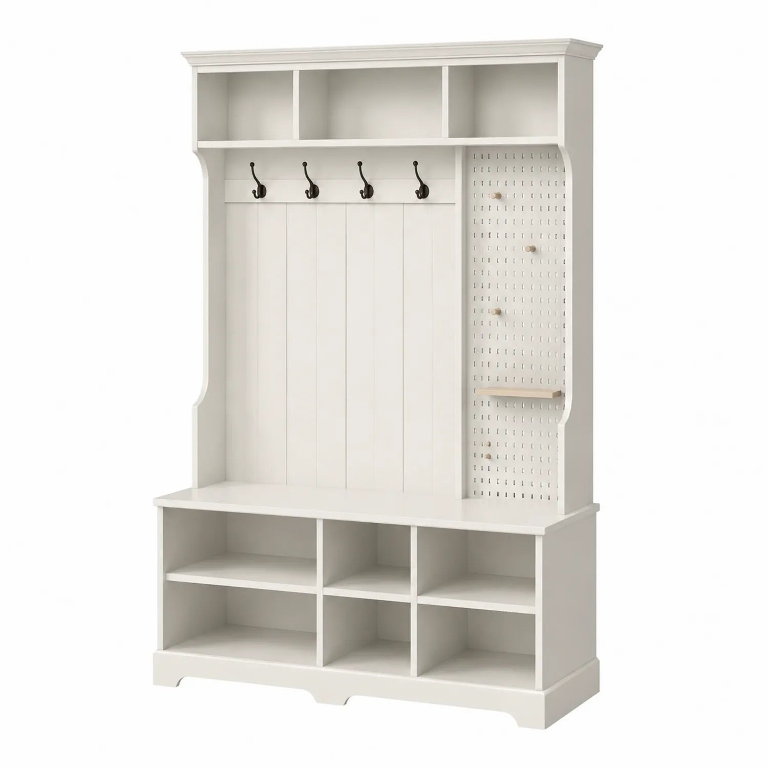 Garderobe aus MDF-Holz Weiß mit Regalen und Metallhaken