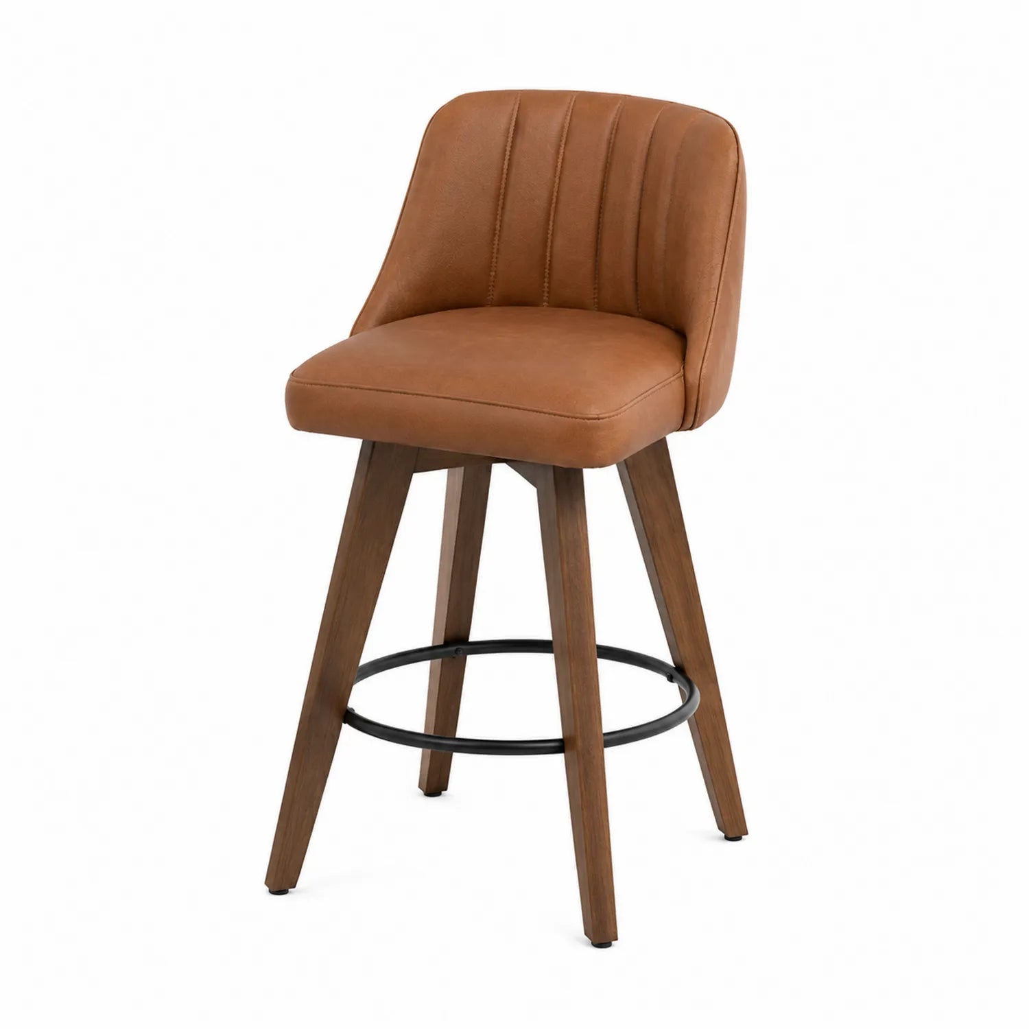 Barhocker mit drehbarem Kunstleder-Sitz und Holzbeinen, Braun