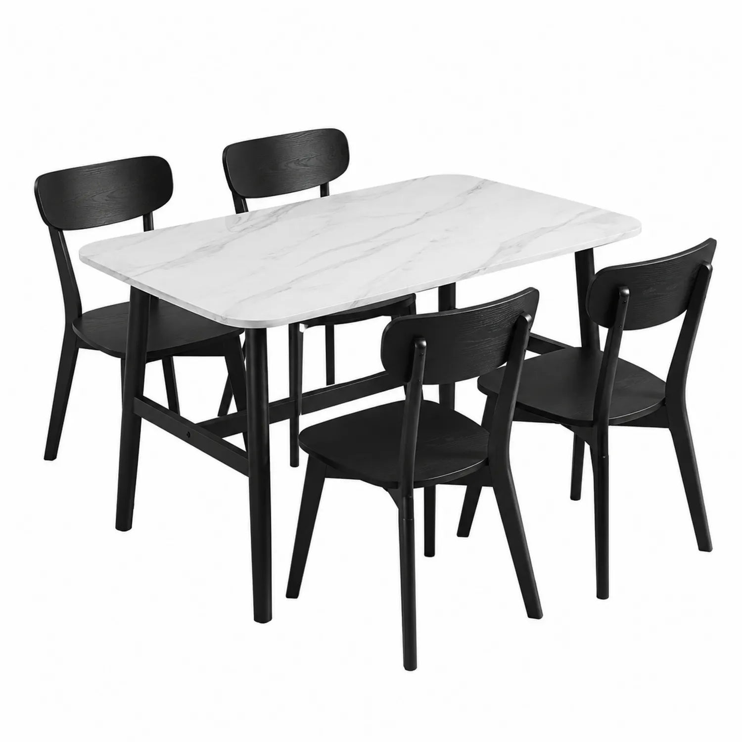 Essgruppe mit Tischplatte in Marmor-Optik und Holzstühlen, Schwarz