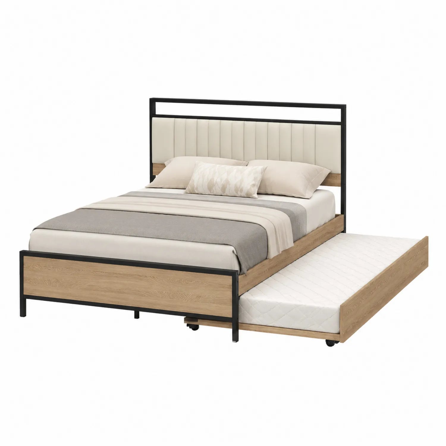Bettgestell mit Ausziehbett aus Metall und Holz in Eiche/Beige