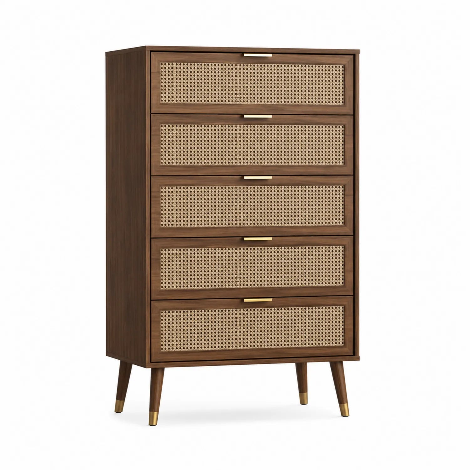 Kommode Eichenholz Braun mit Rattan 5 Schubladen 120cm Hoch