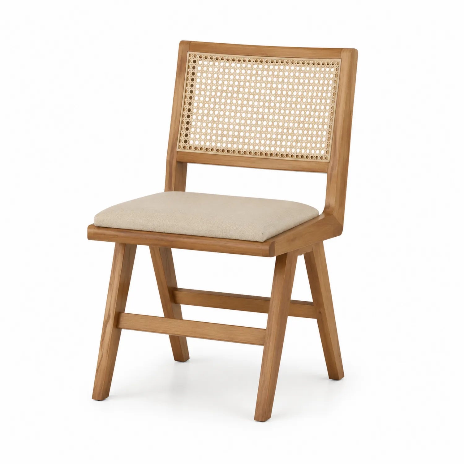 Stuhl aus Holz mit Rattangeflecht und Baumwollbezug, Natur/Beige