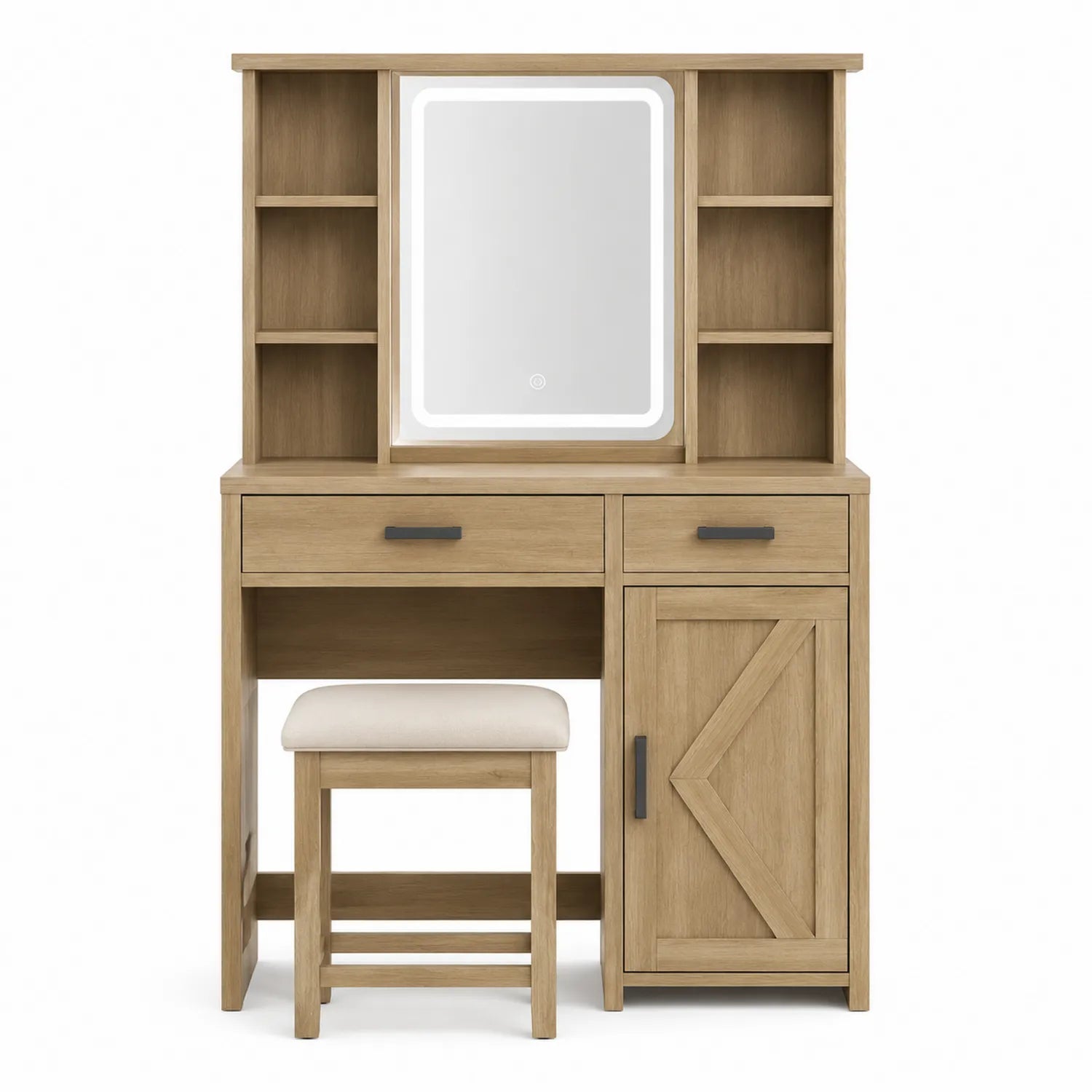 Schminktischset aus Holz mit LED-Spiegel und Hocker