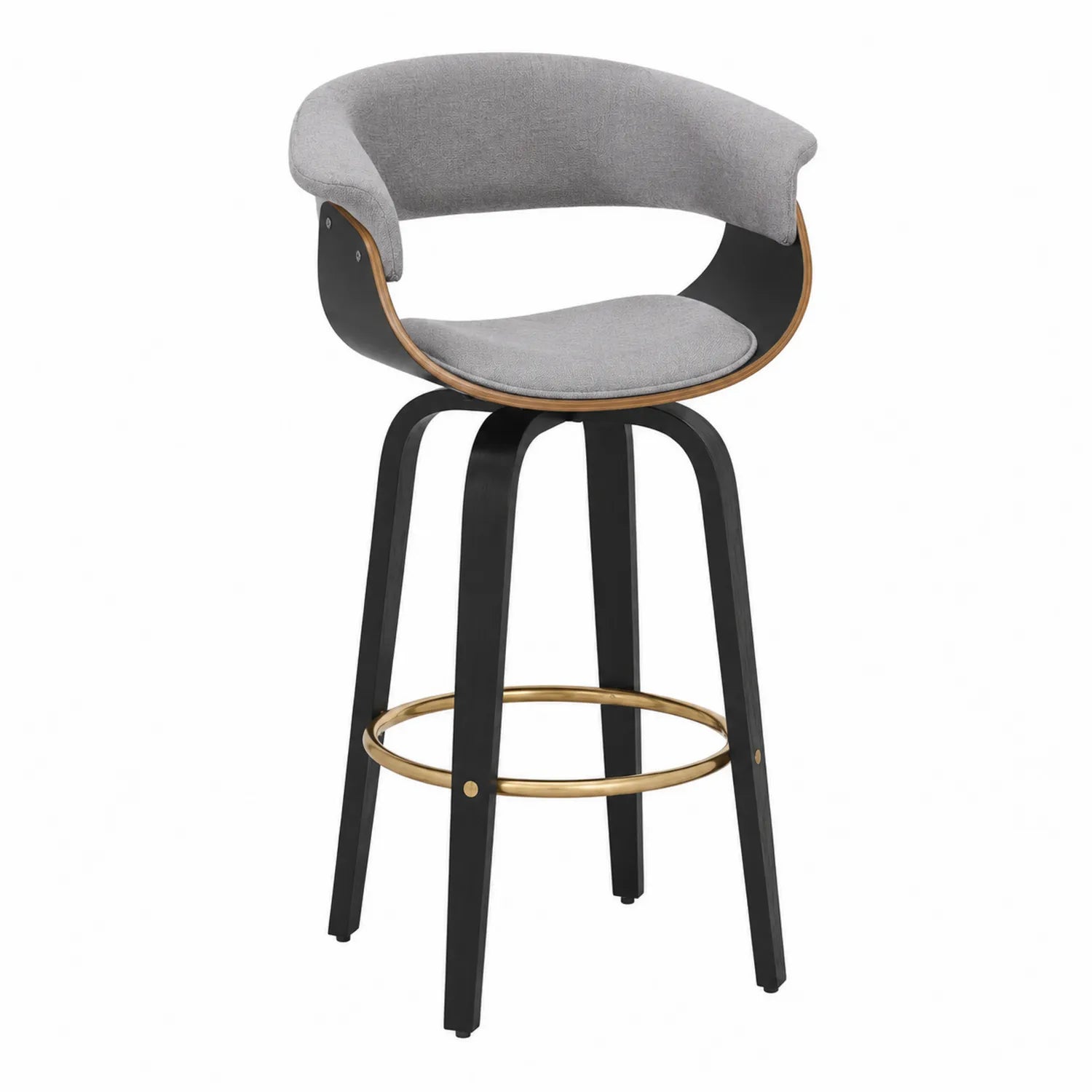 Barhocker aus Schichtholz mit grauem Polyesterstoff