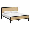 Doppelbett mit Stahlrahmen und Rattan-Kopfteil Schwarz/Natur 200x160 cm