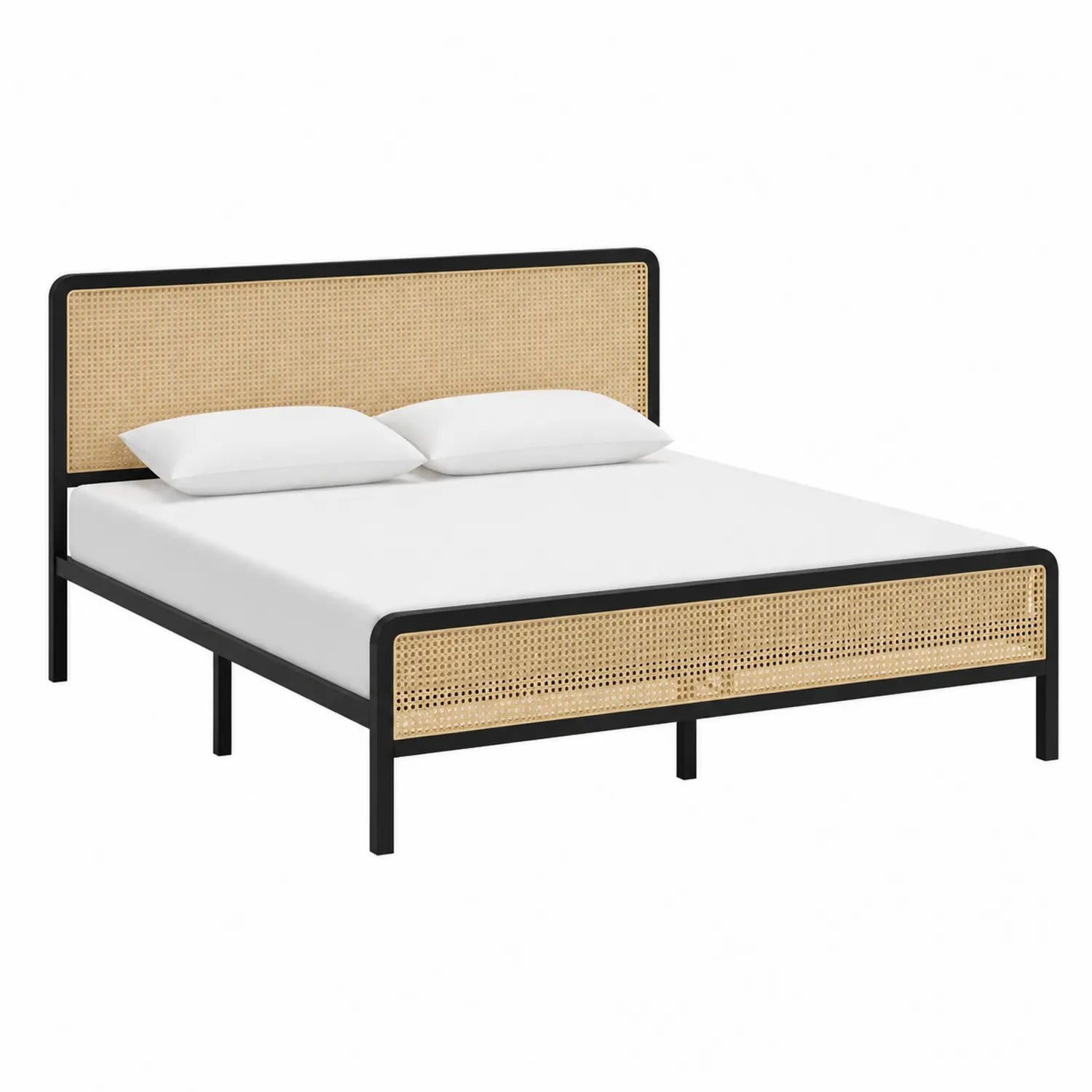 Doppelbett mit Stahlrahmen und Rattan-Kopfteil Schwarz/Natur 200x160 cm