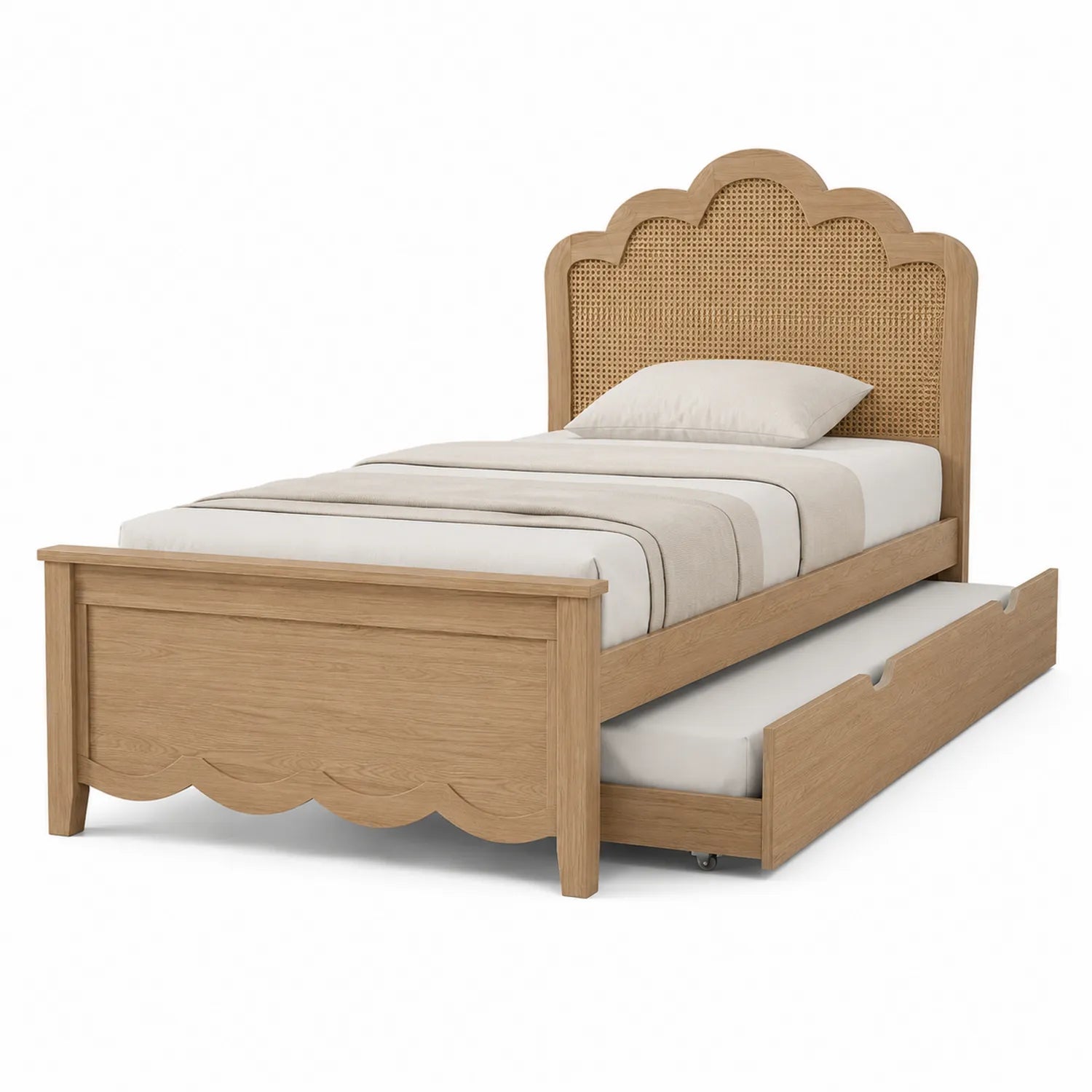 Einzelbett aus Holz mit Rattan-Kopfteil