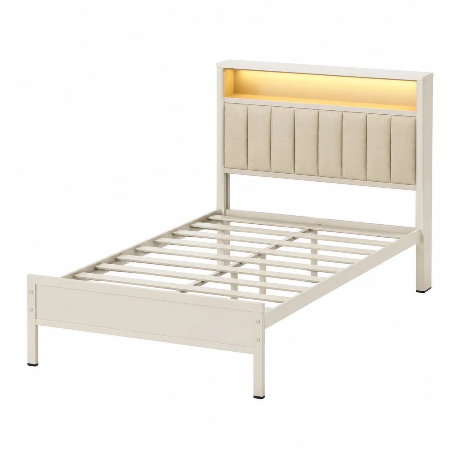 Metallbett mit Stoffkopfteil und integrierter Beleuchtung Beige 200x90 cm