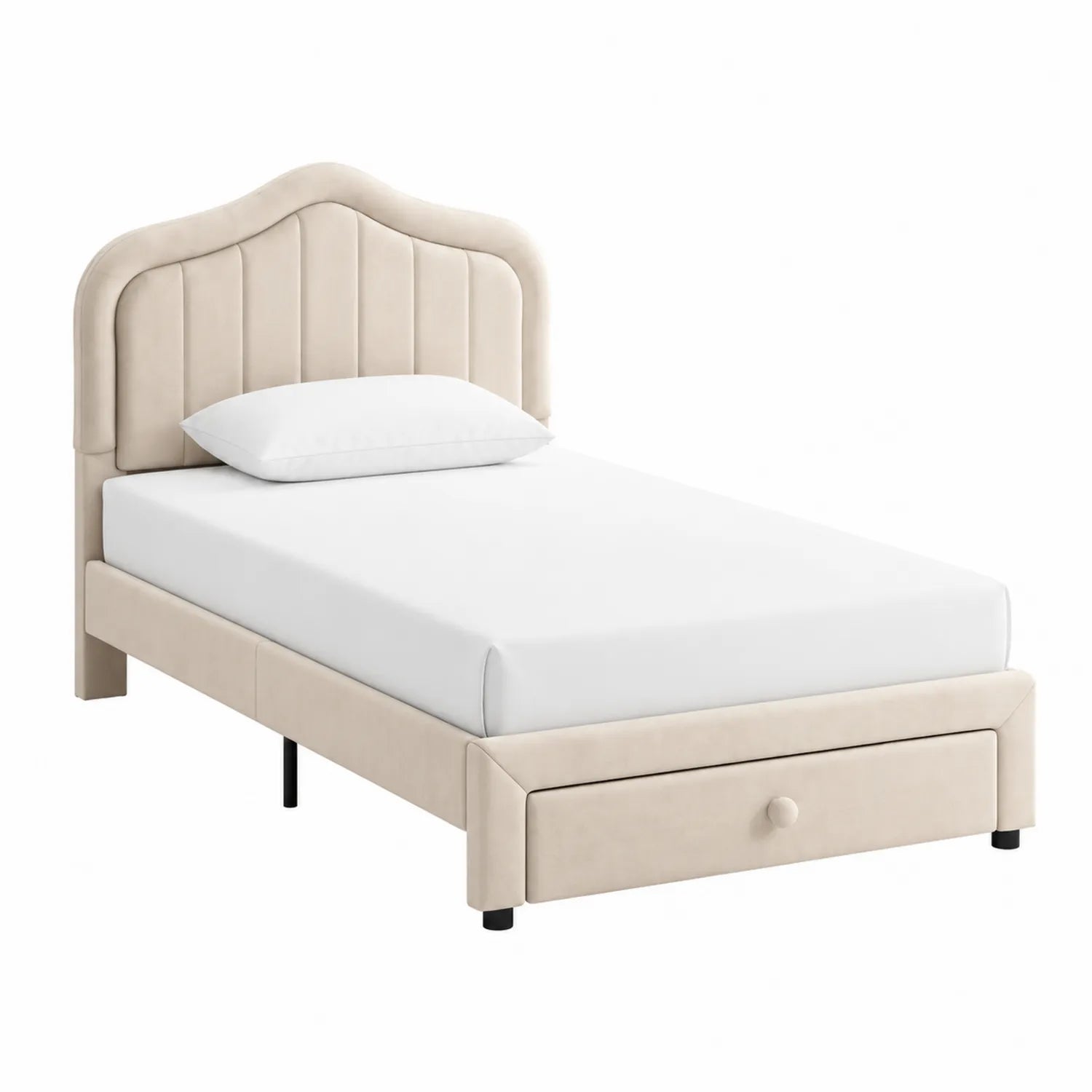 Samtpolster-Einzelbett Beige mit Kopfteil und Schublade