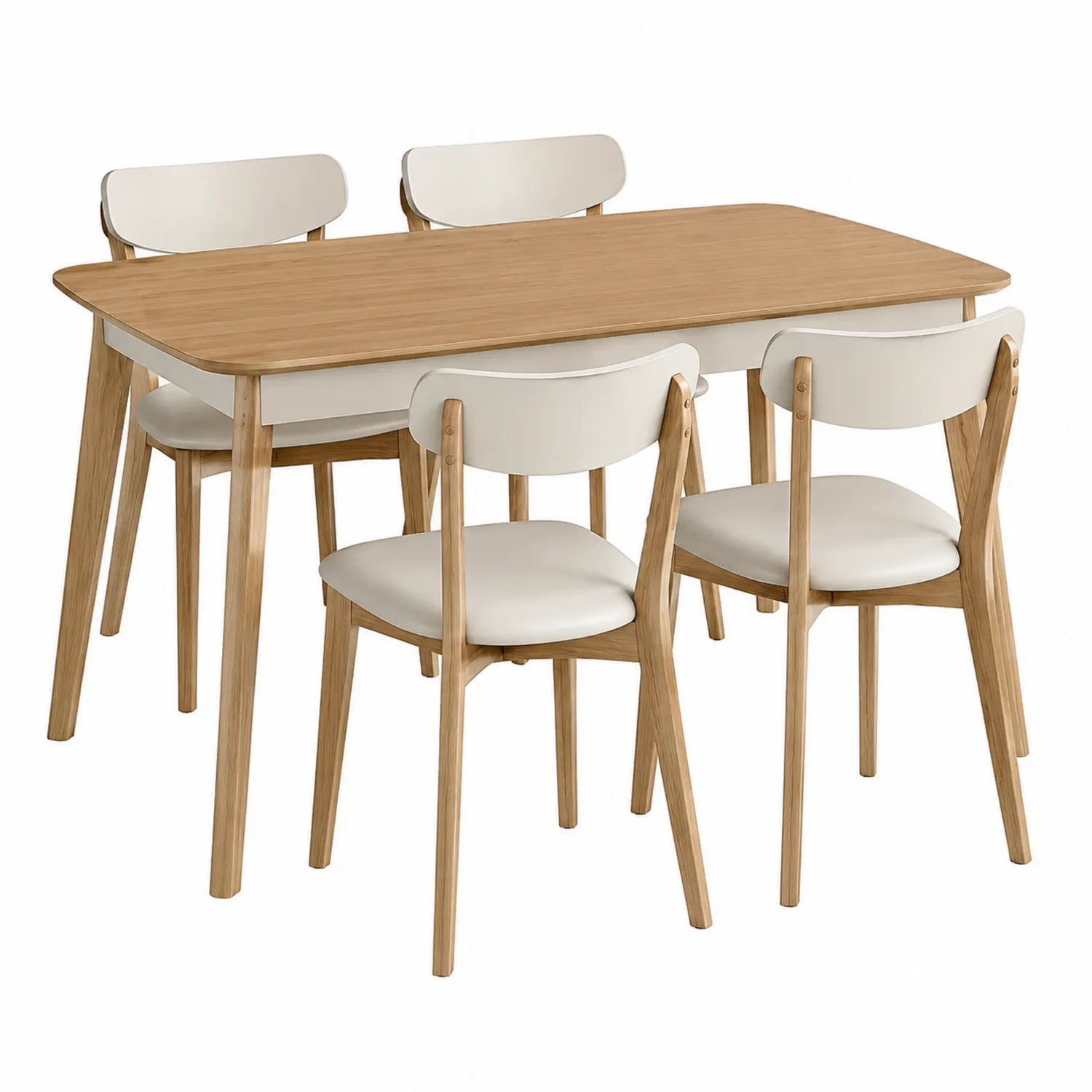 Essgruppe aus Eichenholz und PU-Leder, Beige, 120x75x76 cm