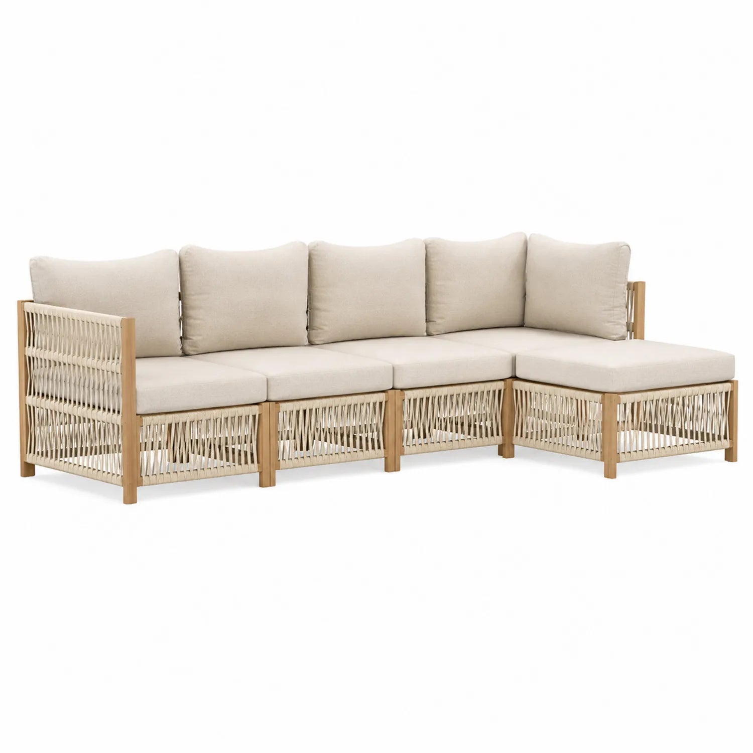 Ecksofa Set aus Teakholz und Polyester Beige, 5-Sitzer